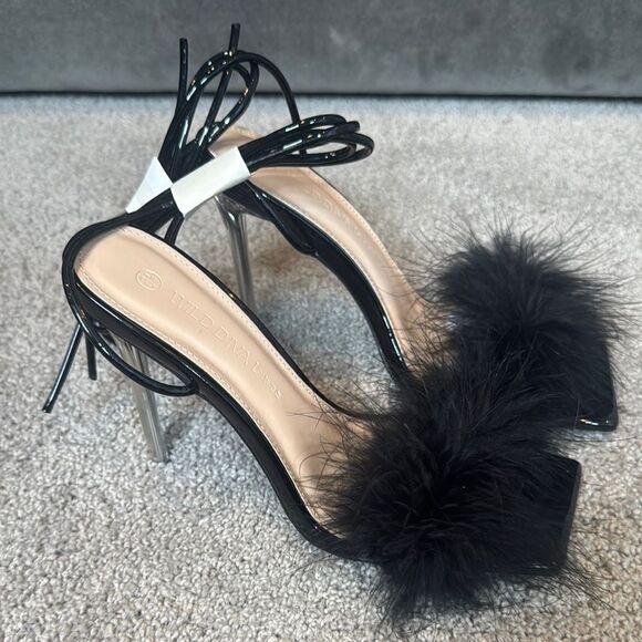 Women Wild Diva Black Open Toe Feathered Lace Up Stiletto High Heel Size 6.5 NEW - Picture 2 of 12